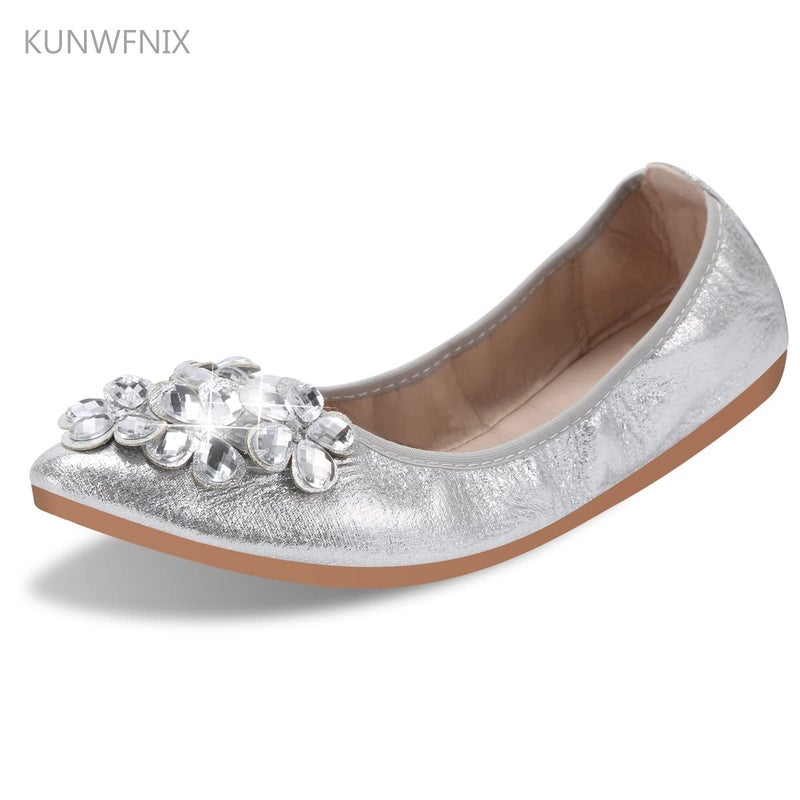 KUNWFNIX Women Ballet Flats Rhinestone Wedding Ballerina Shoes Foldable Sparkly Comfort Slip on Flat Shoes - Image 2